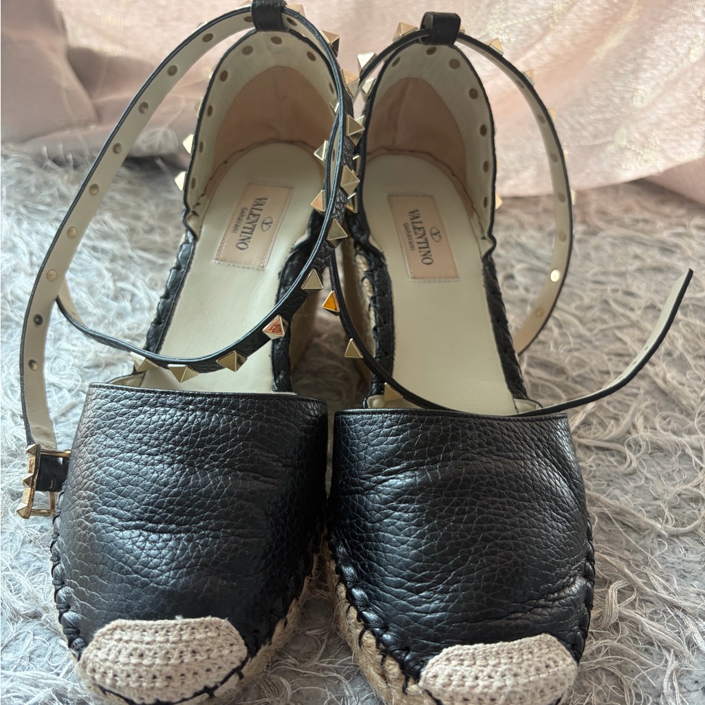 Valentino Black Leather Rockstud Ankle-Strap Espadrilles